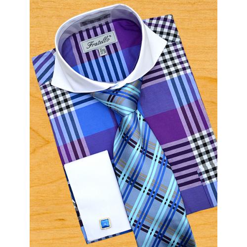 Fratello Purple / Violet / Turquoise Plaid With Spread Collar Dress Shirt/Tie/Hanky Set FRV4116P2